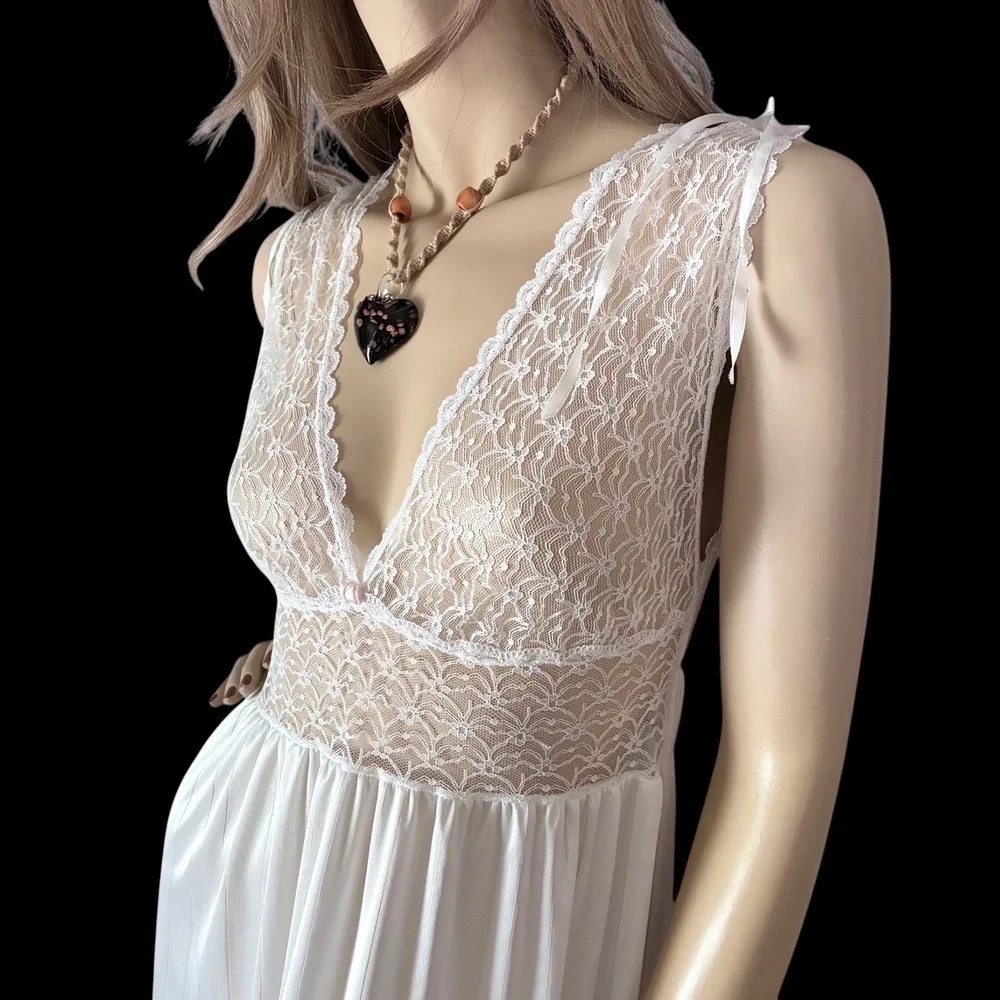 Vintage 80s White Lace Bridal Nightgown Small Deep V Sheer Bodice Maxi Gown - Picture 5 of 7